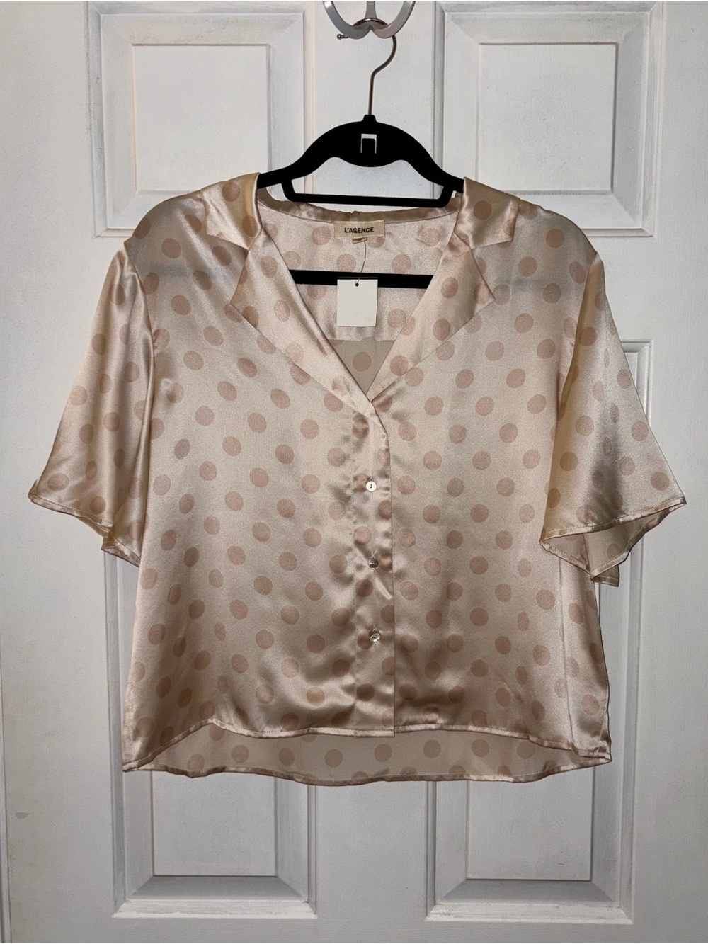 NWT L'Agence Beige Theo Crop Satin Silk Polka Dot Blouse